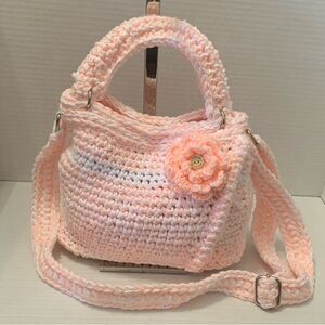Handmade Pastel Pink Crochet Crossbody Bag Flower Decoration and Lacy Textured